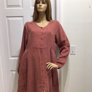 FLAX LONG SLEEVE 100% LINEN DUSKY PINK DRESS SIZE MEDIUM POCKETS
